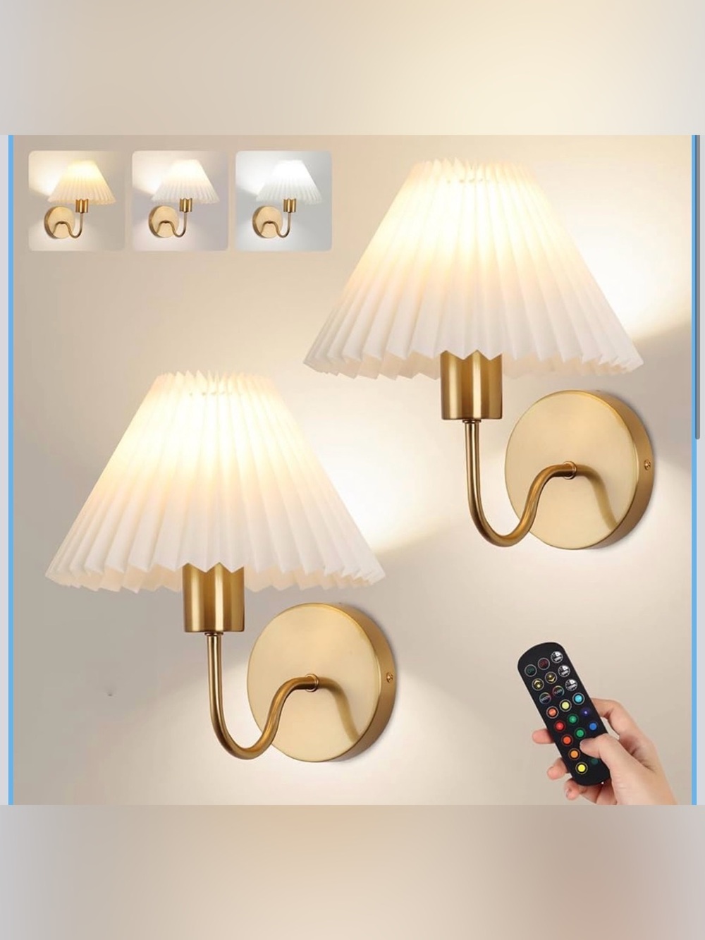 2pc Rechargeable Wireless Wall Sconces Gold Pleated Shade Modern Lighting